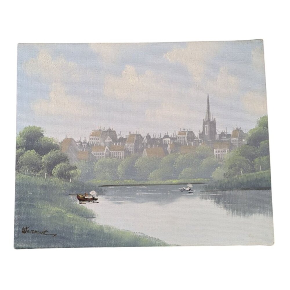 Signed Acrylic Canvas Painting River Salzburg Ladies in Boats unframed